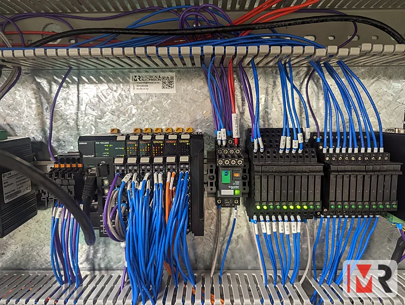 Close-up of PLC input and output modules with labelled blue control wiring