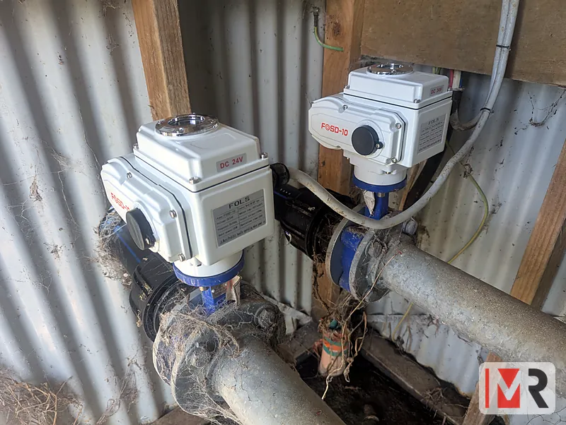 Two electric actuated valves on irrigation pipework