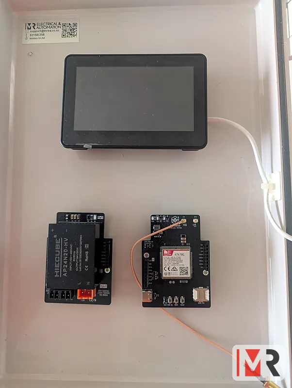 Modbee touchscreen and cellular modem mounted on an enclosure door